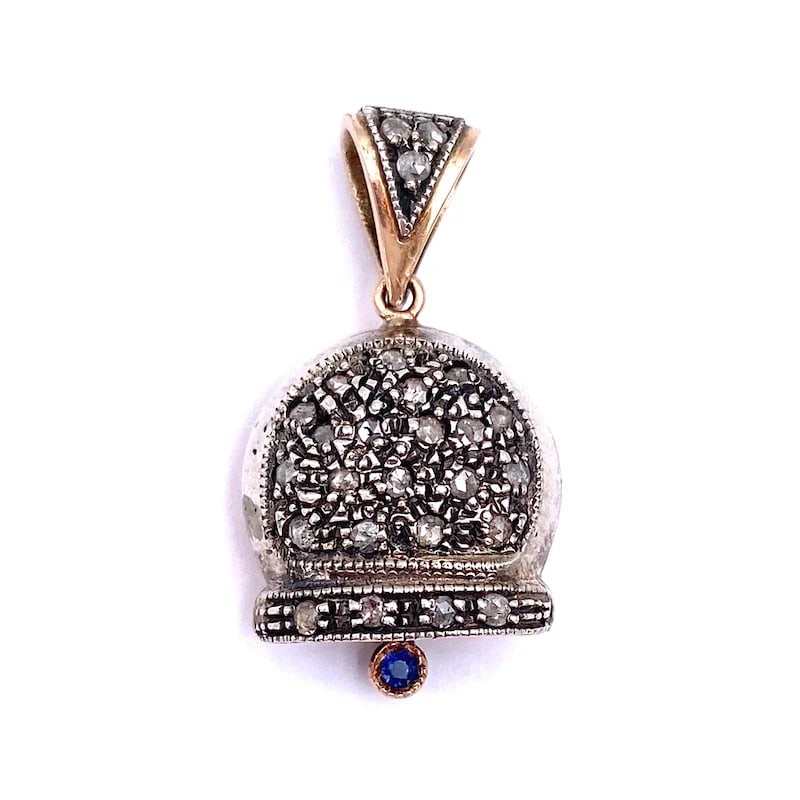 Retro-Style Bell-Shaped Pendant with Diamonds and Sapphire Clapper in 14k Gold and Silver, 8.04 gr (1 of 4)