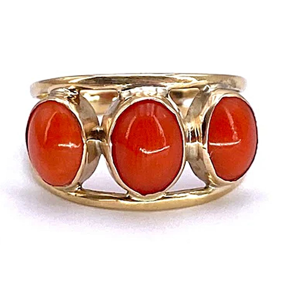 Elegant 18k Yellow Gold Band Ring with Three Oval Natural Coral Cabochons - Weight 2.54 gr (1 of 5)