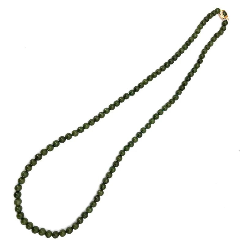 Striking and 33.07" Long Jade Beads Necklace with Smooth Spheres and 18k Yellow Gold Clasp, 84.2gr (1 of 7)