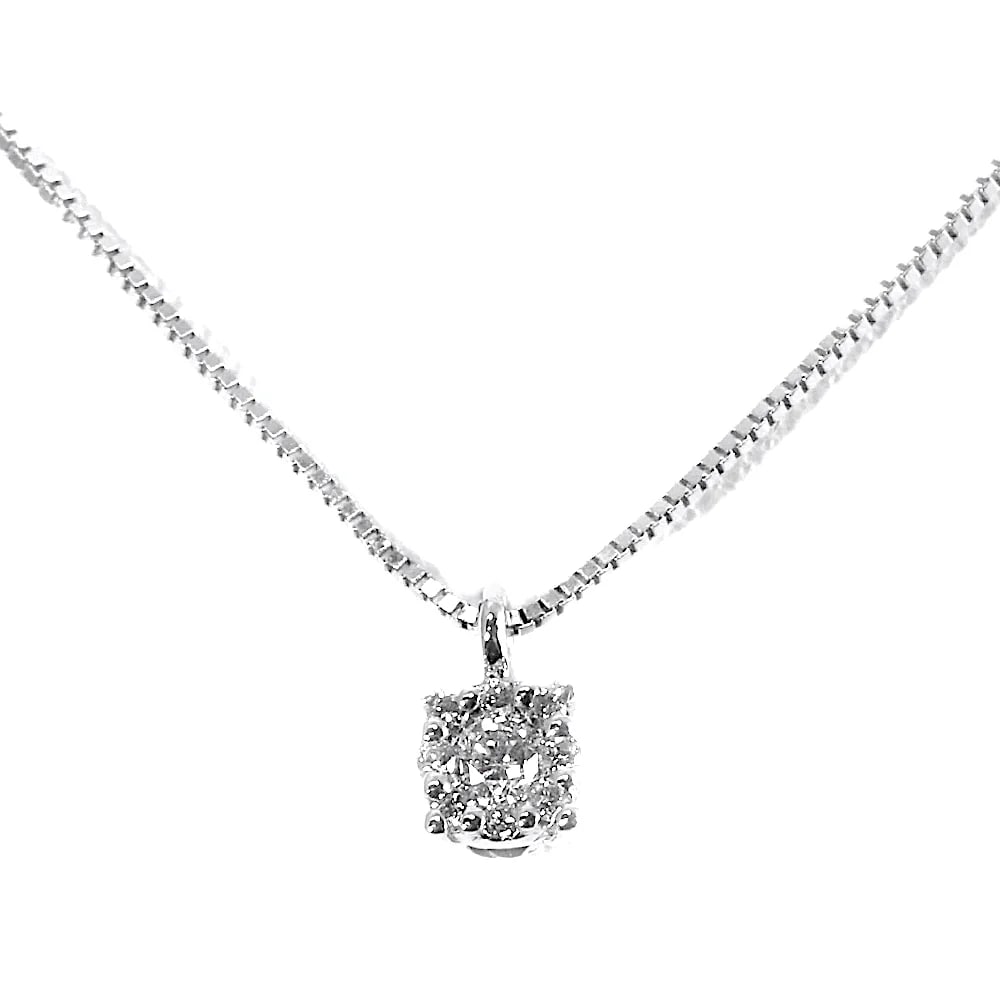 Timeless White Gold Pendant with 0.09ct Diamond Floral Motif and 18K Box Chain, 1.59 gr: A timeless 18K white gold pendant featuring a circular diamond floral design that creates the illusion of a single sparkling centerpiece. The included 16.53" white gold box chain enhances its refined