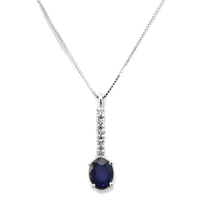 Intense 18K White Gold Pendant with 0.49ct Oval Sapphire and 0.05ct Diamonds on Box Chain, 1.18 gr (1 of 3)