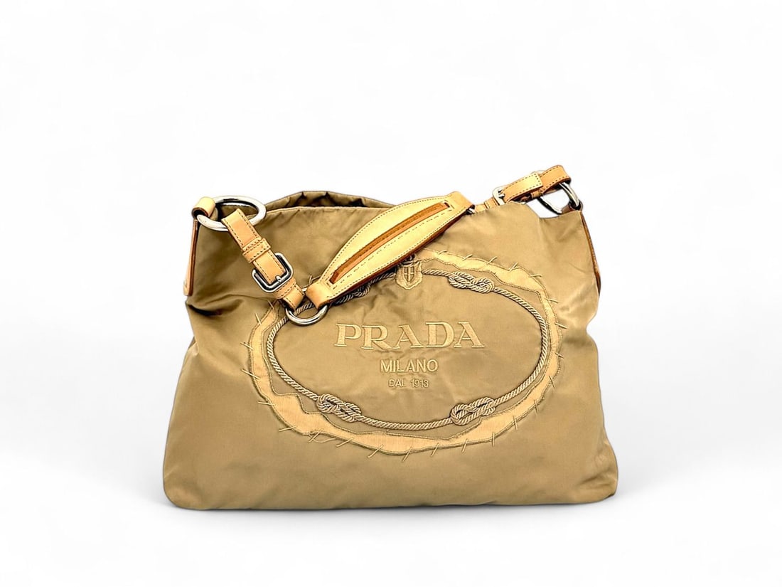 Prada Beige Fabric & Leather Shoulder Bag Silver Hardware - Refined & Spacious (1 of 5)