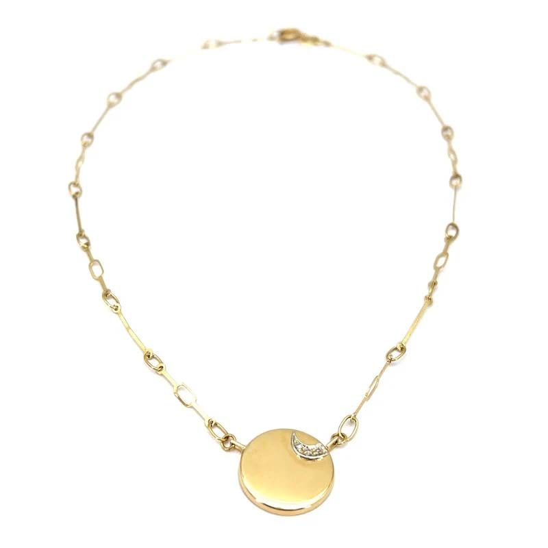 Delicate 18K Yellow Gold Necklace with Circular Button Pendant and Stylized Diamond Half-Moon, 4.89g: Delicate 18K yellow gold necklace featuring a circular button pendant of 1.74"" diameter paired with a graceful stylized half-moon set with brilliant-cut diamonds. Lightweight and refined, this piece
