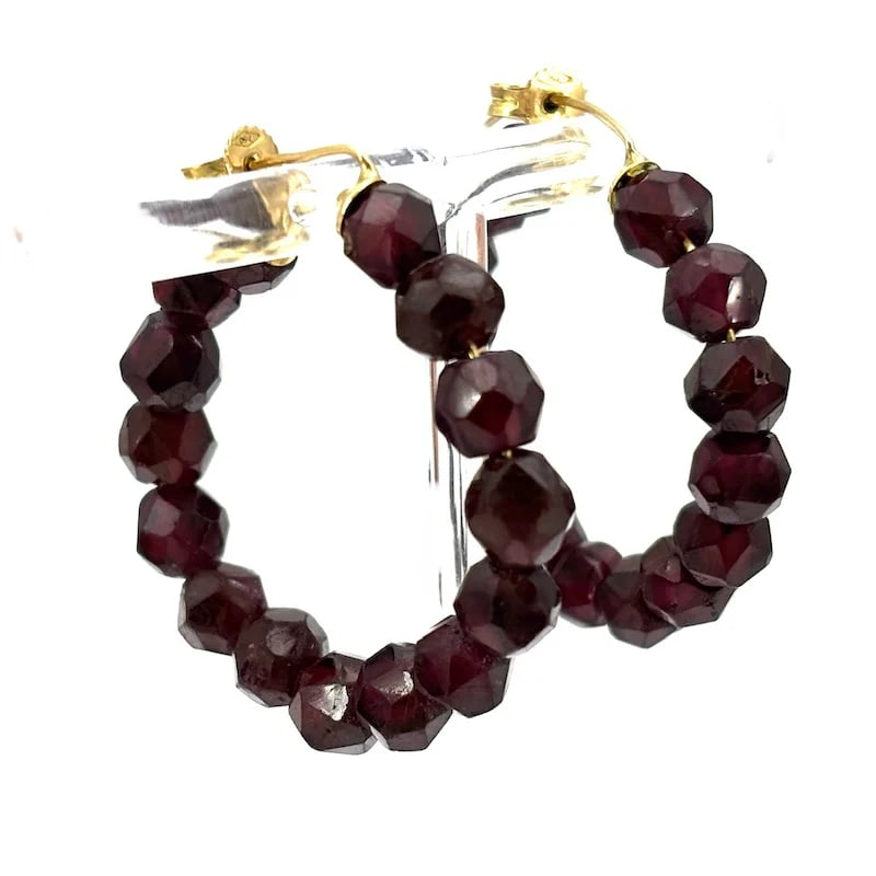 Stunning 18kt Yellow Gold Hoop Earrings with Irregular Faceted Vintage Garnets - 14.21gr (1 of 7)
