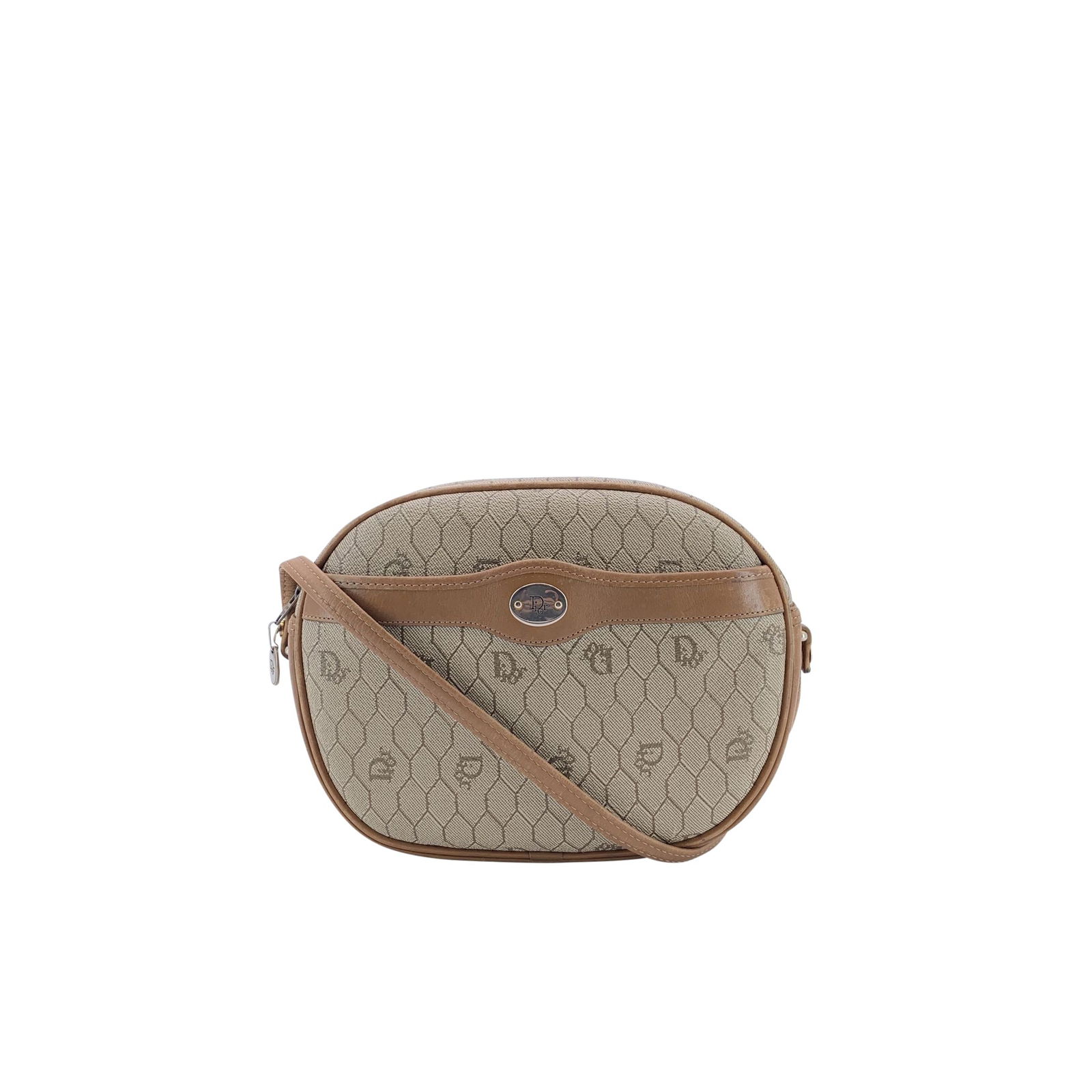 Dior Vintage Cloth Shoulder Bag: This elegant vintage Christian Dior shoulder bag is crafted from the brand's signature beige honeycomb logo canvas, beautifully complemented by brown leather trim. The front flap is adorned with a gol