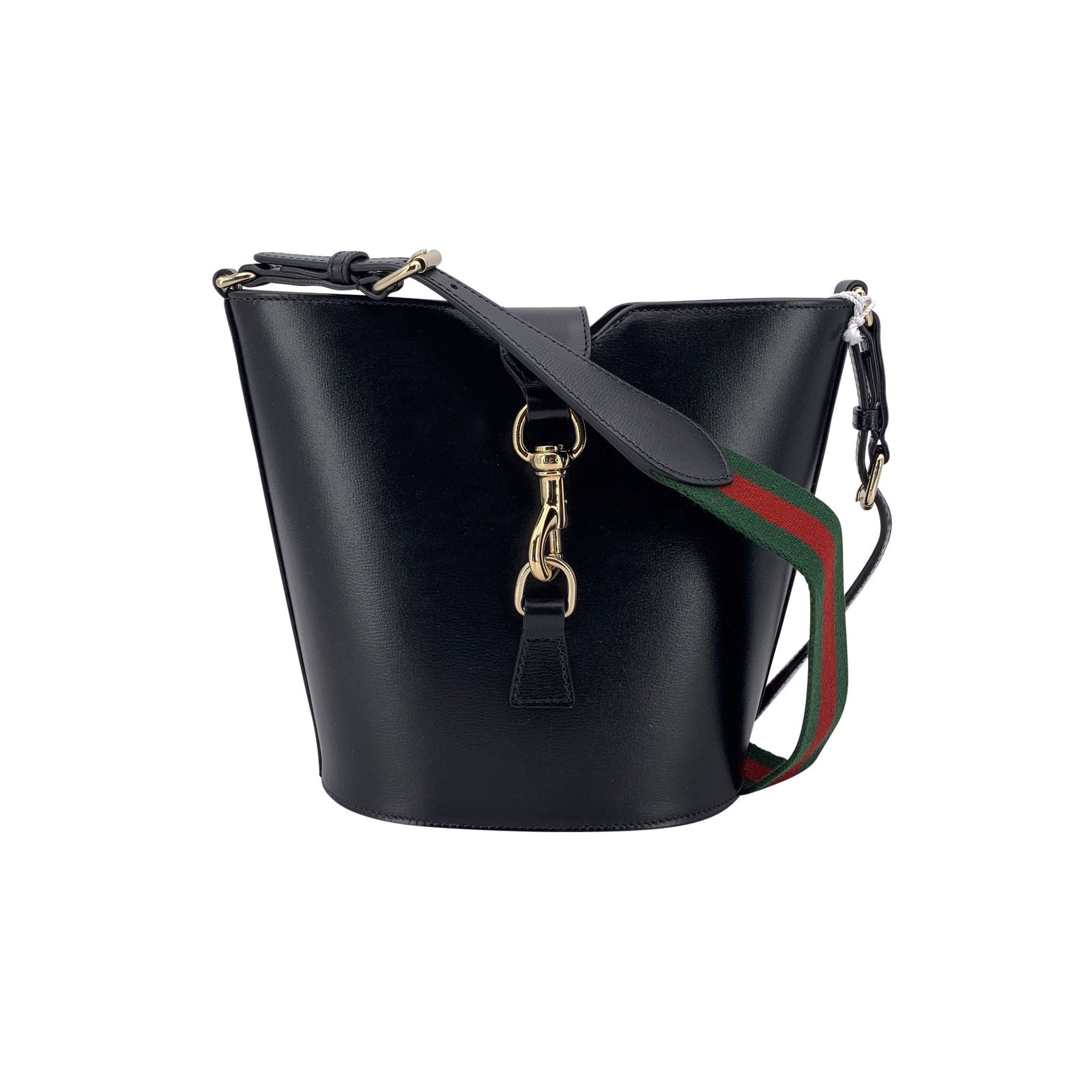 Gucci Leather Shoulder Bag Jackie: The Gucci Small Jackie Bucket Shoulder Bag is a sleek and versatile accessory crafted in smooth black leather. Its iconic design features a hook closure and a signature green-red Web shoulder strap, b