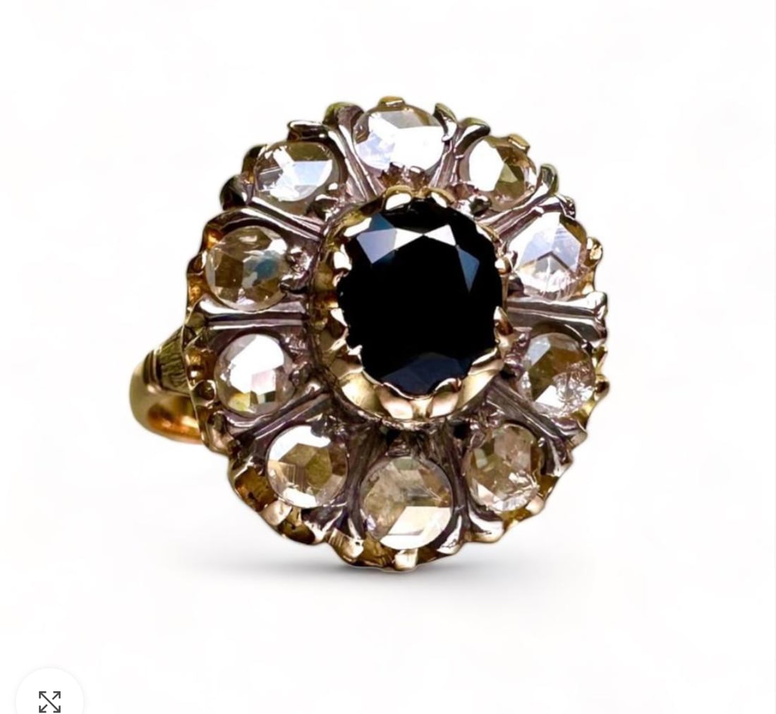 50s Wonderful Old European cut Diamonds with black blue Sapphire Handcrafted Ring on 18k Solid Gold: 50s Wonderful Old European cut Diamonds with black blue Sapphire Handcrafted Ring on 18k Solid Gold Made in Italy in 50's Size: Us 9,3/4 Weight: 8,2gr SKU 49/20A Our company's certification is availab