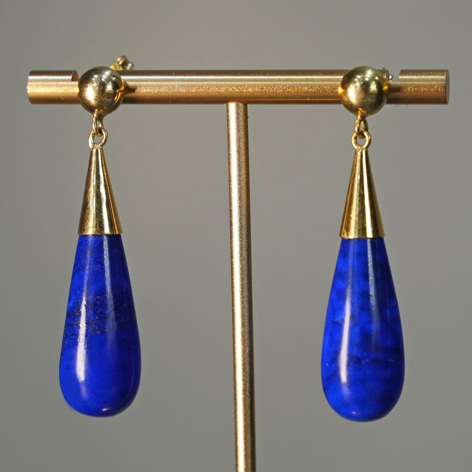 Intense 18K Yellow Gold Drop Earrings with Lapis Lazuli Teardrop Pendants Post Back 14.79gr (1 of 5)