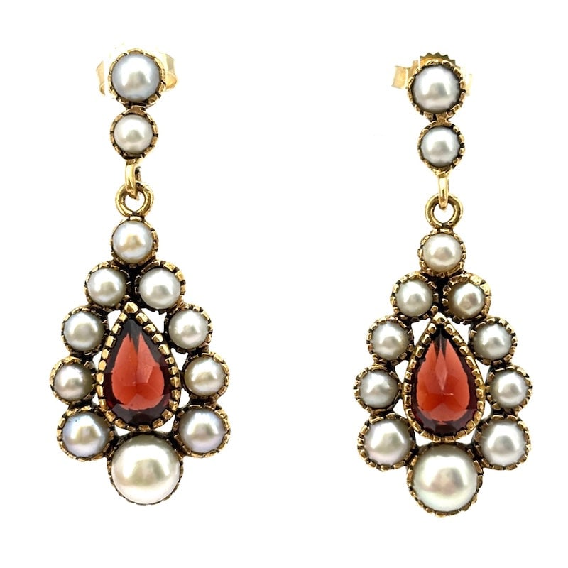 Antique earrings pearls, garnet drops and gold; 4.96 gr - 3.2 cm (1 of 7)