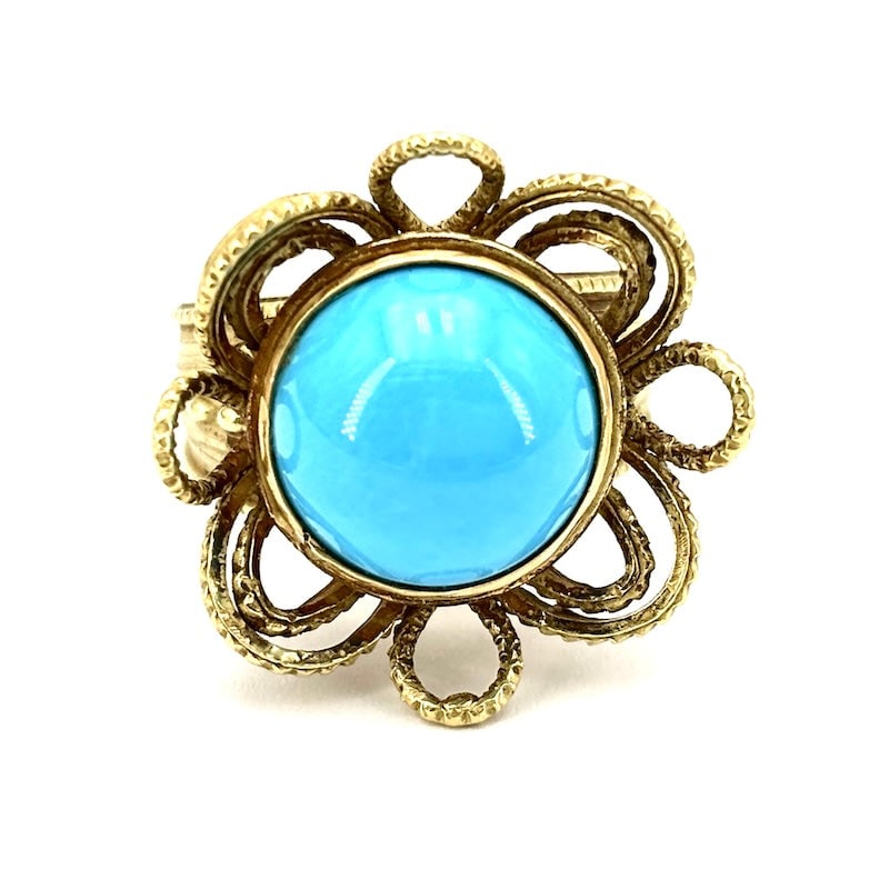 Vintage turquoise and yellow gold flower ring; 14 gr. (1 of 6)