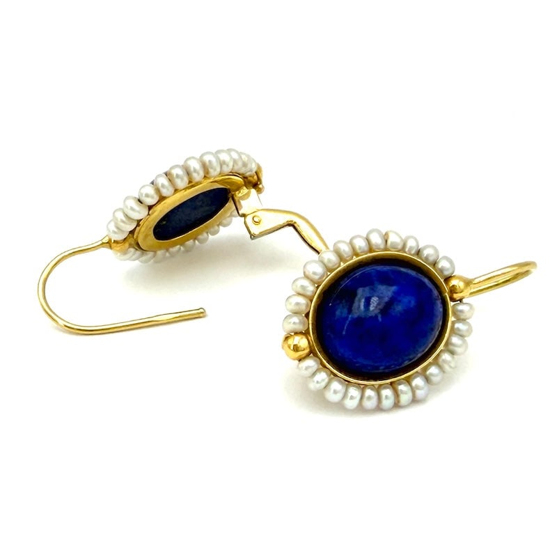 Lapis earrings, vintage yellow gold and microbead pendants - 2.7 cm; 6.59 g (1 of 5)