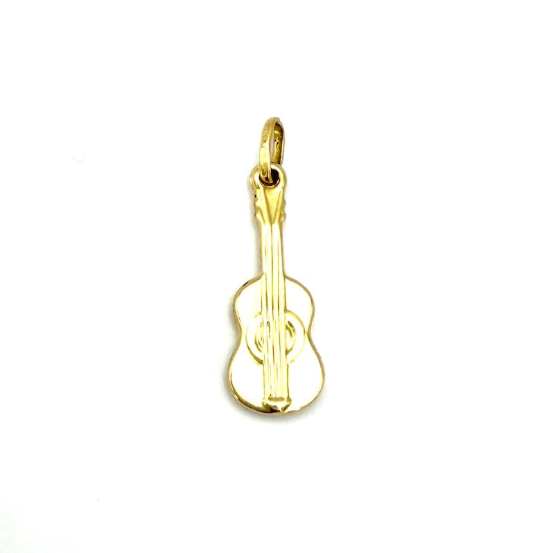 18 kt yellow gold guitar charm pendant; 1.10 gr: Adorable guitar pendant all in 18 kt yellow gold! A little gem of goldsmithing that makes the emblem of music, a real piece of jewelry! Our company's certification is available for free, upon request.