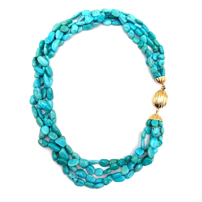 4-strand pebble turquoise and yellow gold torchon necklace - 107.75 gr. (1 of 6)
