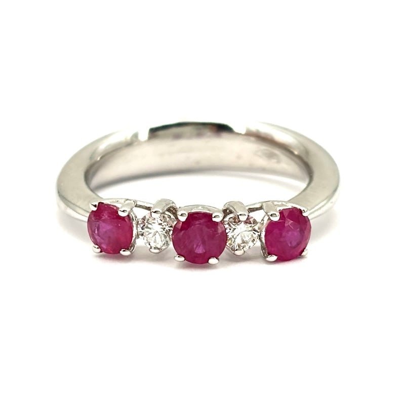 Rubies and diamonds trilogy ring; 5.2 gr.: Solid 18k white gold trilogy ring with 3 rubies and 2 diamonds. A one-of-a-kind vintage outlet jewelry!!! Our company's certification is available for free, upon request. If you wish to receive any ot