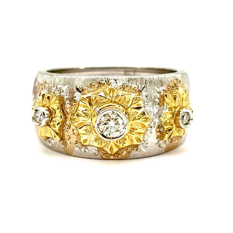 Handcrafted band ring, buccellati style, yellow gold and trilogy diamonds on satin white gold; 9.93 (1 of 6)