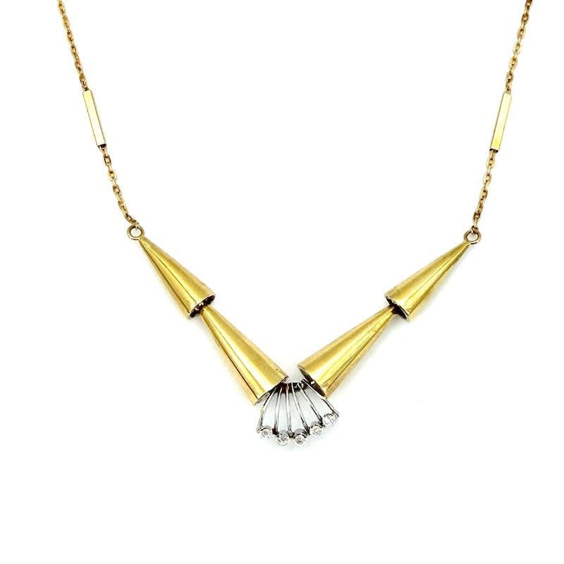 Yellow gold design cones necklace and brilliant riviera fan; 12.6 gr.: Very original fabulous designer necklace with rigid insert of 18 kt yellow gold cones and small stylized diamond riviera fan on white gold center. Peculiar, important and truly unusual!!! Our