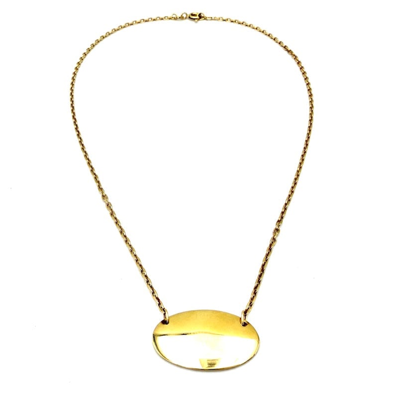 Yellow gold oval buckle necklace; 10.30 gr - 38 cm: Essential and minimal! Occasion of massive central oval plate necklace, with forged chain, all in 18 kt yellow gold. A unisex, simple and adorable piece of jewelry that crosses all ages! Our company's