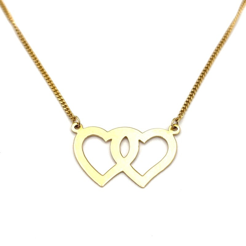 Necklace two hearts yellow gold; 4.45 gr - 39.5 cm: Exquisite, romantic double heart necklace occasion with grumettina chain, all in 18 kt yellow gold. A romantic and adorable piece of jewelry that crosses all ages! Our company's certification is avail