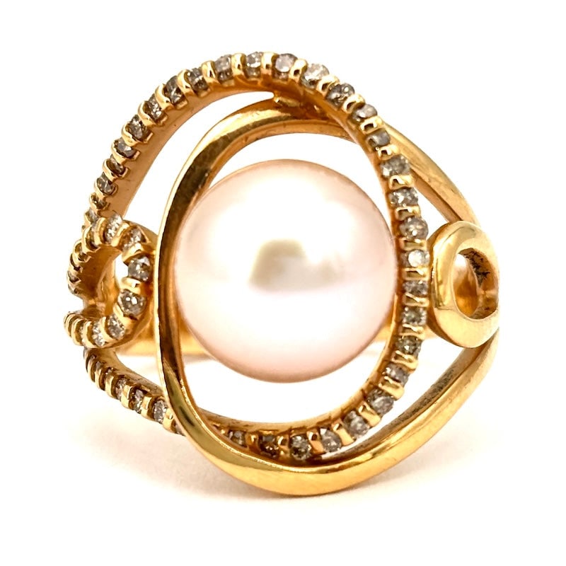 Akoya pearl, rose gold and brown diamonds ring; 9.38 gr. (1 of 6)