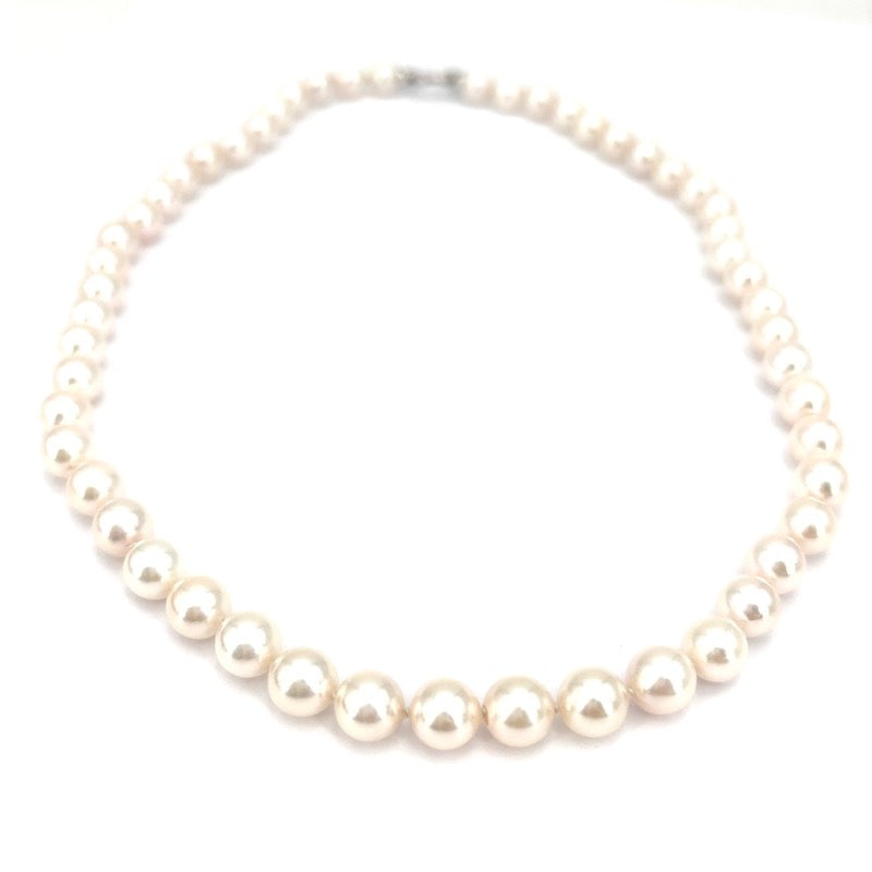 Akoya pearl necklace - 7-7.5 mm - 45 cm: Precious, classic and ever-present necklace of 7-7.5 mm diameter spherical Japanese pearls. 18kt white gold circular lobster clasp. A strand of practically perfect white pearls, most elegant, fine and