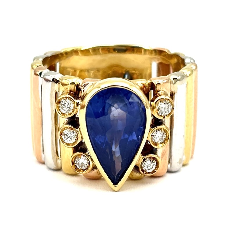 Vintage band ring, maxi sapphire drop, brilliants and tricolor gold; 11.18 gr. (1 of 6)