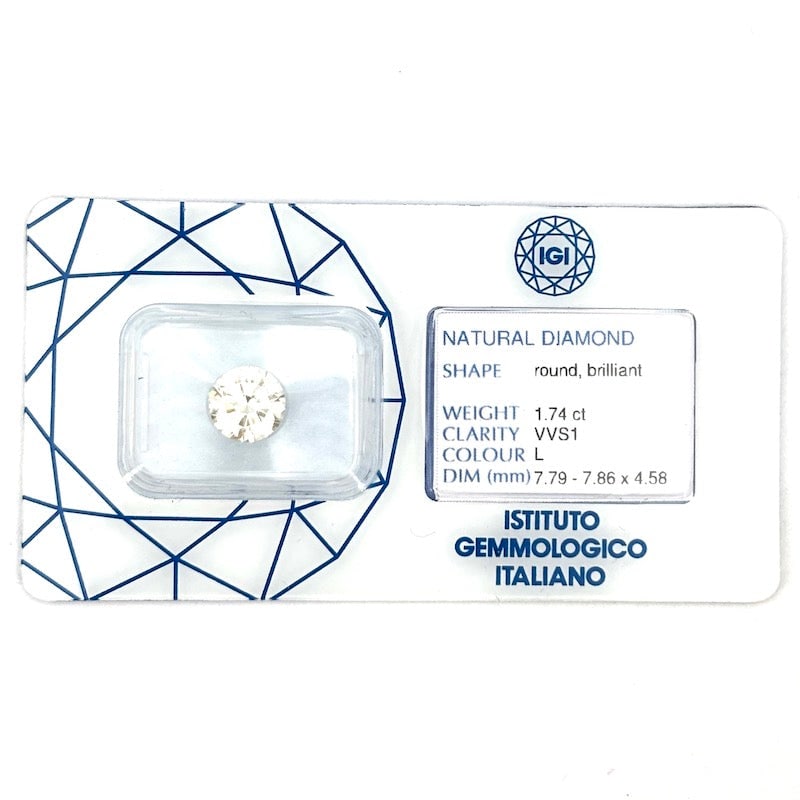 Brilliant-cut diamond 1.74 ct, loose stone. In IGI-certified blister pack (1 of 3)