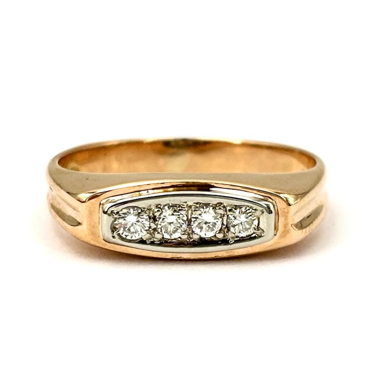Unisex riviera brilliants and rose yellow gold ring; 4.15 gr.: Adorable and functional diamond band/bridge/riviera ring in 18 kt rose yellow gold. Unisex jewelry, also suitable as a men's pinky ring. Our company's certification is available for free, upon request