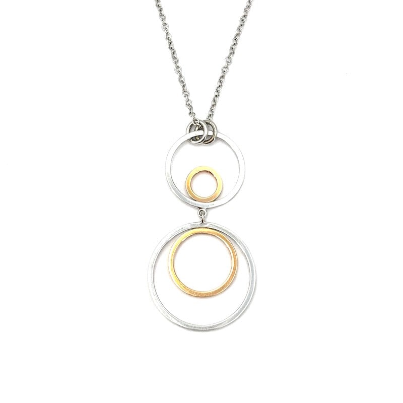 Maxi design white and rose gold circles pendant with chain; 9.33 gr.: Large, ultra-modern maxi circle design pendant in 18 kt white and rose gold with roll chain included. Fashion and super contemporary! Our company's certification is available for free, upon request. I
