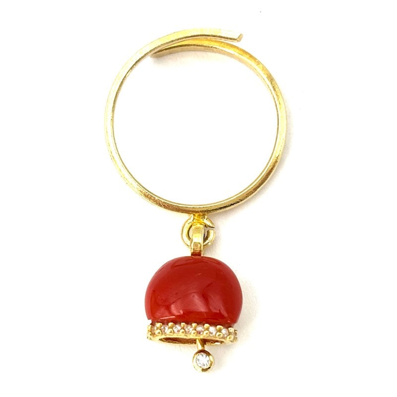 Design bell charm ring, red coral and sterling silver; 2.9 gr.: Adorableeee!!!! Trendy bell charm ring with shaped natural red coral mounted on 925 gold-plated sterling silver. Adjustable ring. Zircons and movable clapper, openwork and super glamorous details! A g