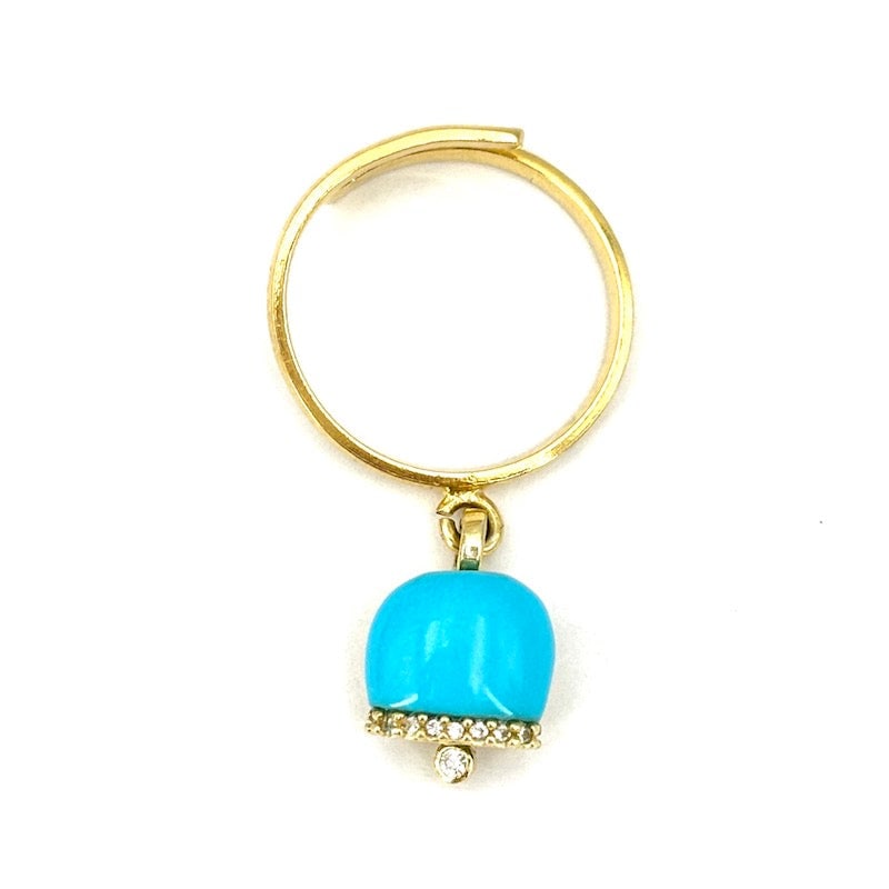 Design bell charm ring, turquoise and sterling silver; 2.9 gr.: Adorableeee!!!! Trendy bell charm ring with shaped natural turquoise mounted on 925 gold-plated sterling silver. Adjustable ring. Zircons and movable clapper, openwork and super glamorous details! A g