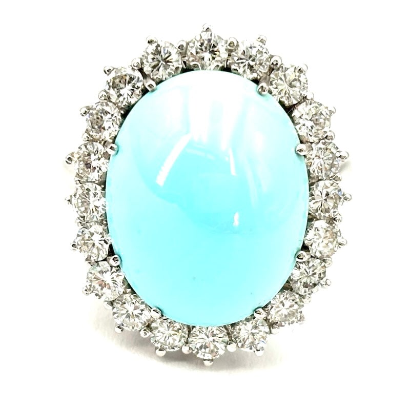 Turquoise daisy ring, diamonds, white gold - 8.15 gr OCCASION: Magnificent daisy ring of stunningly beautiful oval cabochon natural turquoise, center, framed by bright and important brilliants! Stunning bargain jewelry, reconditioned absolutely to new! Our compan
