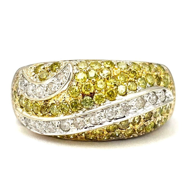 Ring band yellow sapphires, diamonds and gold; 6.33 gr.: Very bright and original 14 kt white gold band ring with yellow sapphires and soft rails of brilliants on front decorations. Stunning, sunny and very affordable! Our company's certification is availab