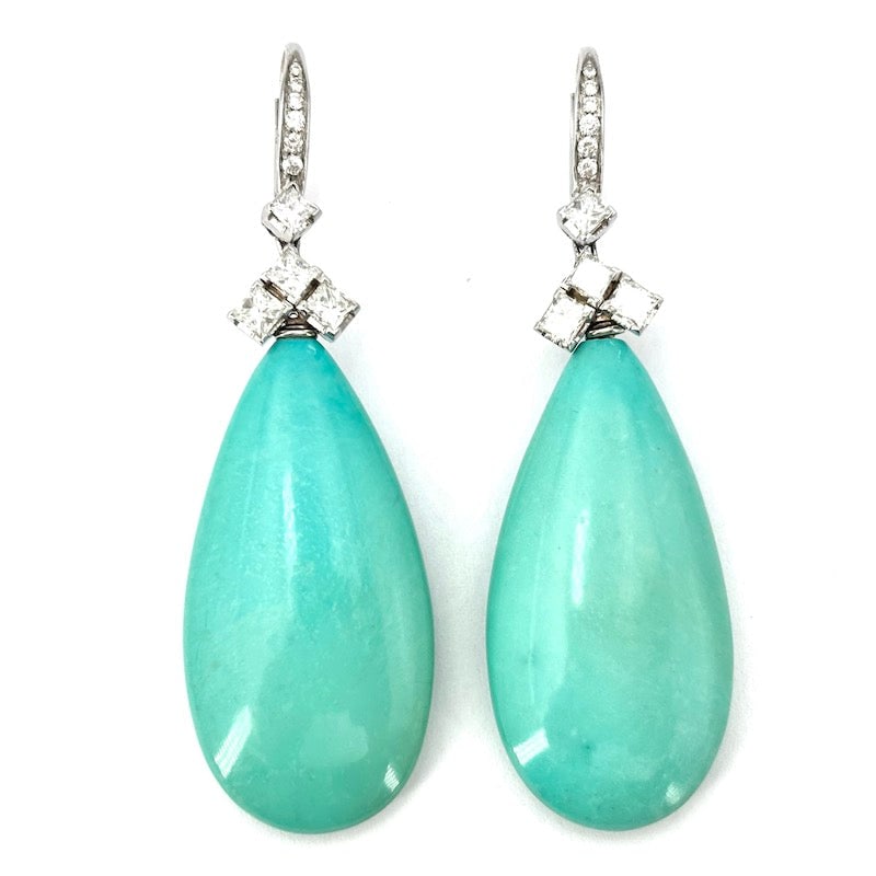 Gold maxi turquoise and diamond drop dangle earrings; 7 cm - 25.53 gr. (1 of 5)