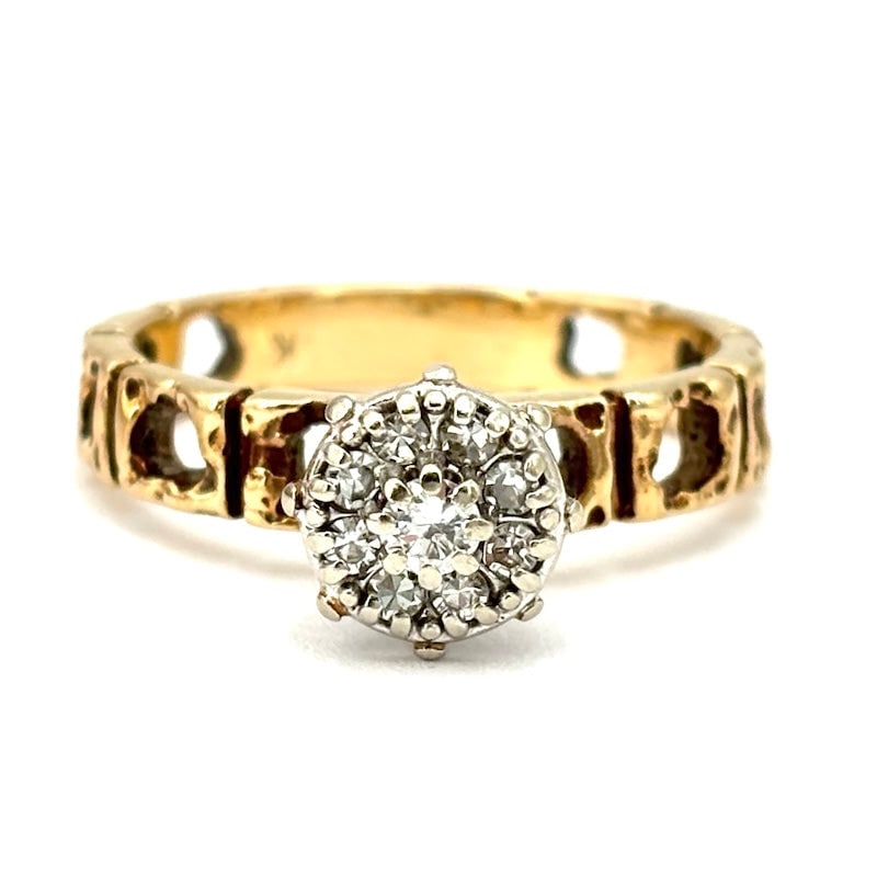 Vintage overhead diamond flower ring, two-tone gold; 4.38 gr. (1 of 6)