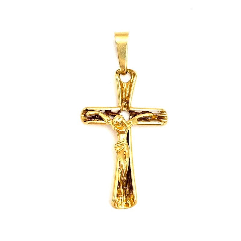 Men's crucifix pendant in yellow gold - 6.10 gr.: Occasion men's crucifix pendant, worked and sculptural, 18 kt yellow gold. A powerful classic. Our company's certification is available for free, upon request. If you wish to receive any other interna