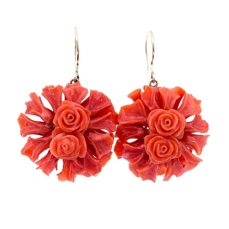 Artistic coral and gold earrings - 4.8 cm; 15.25 g: Artistic, large and romantic pendant earrings of natural red Mediterranean coral arranged in circular floral sculptural composition. A passionate touch of color and style! Our company's