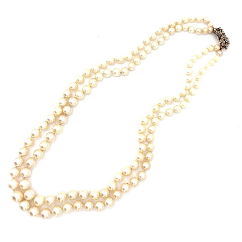 Double strand pearl necklace, vintage double flower clasp; 83.33 gr - 52 cm (1 of 6)