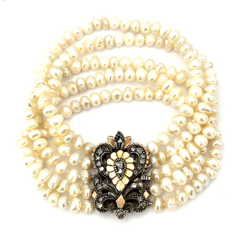 5-strand pearl bracelet with vintage clasp, gold, silver and diamonds; 19 cm - 45 gr. (1 of 9)