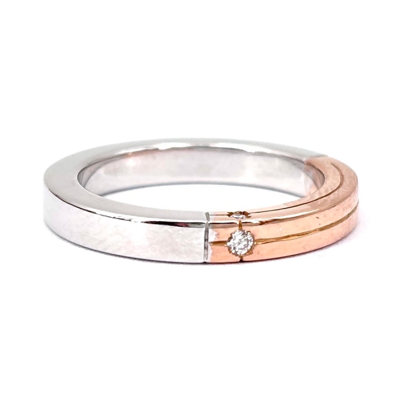 Polello wedding band/band ring, with diamonds, white and rose gold; 5.92 gr.: Used like-new, universal and timeless Polello wedding band ring/square solid band model, made of 18 kt white and rose gold with 3 brilliant-cut diamonds set one dfrontal and two lateral inner. A minim