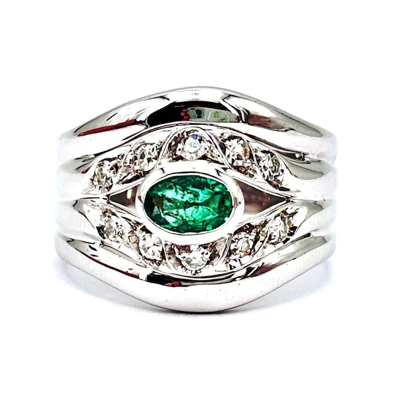 Emerald and diamond band ring, white gold; 9.32 gr. (1 of 7)