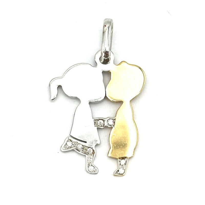 Baby and little girl in love pendant, white and yellow gold and brilliants; 3.54 gr.: Very sweet lovers pendant with baby boy and baby girl, in 18 kt white and yellow gold and diamonds. The baby pendant measures 3 cm x 1.8 cm. A delicacy made jewelry! Our company's certification is ava