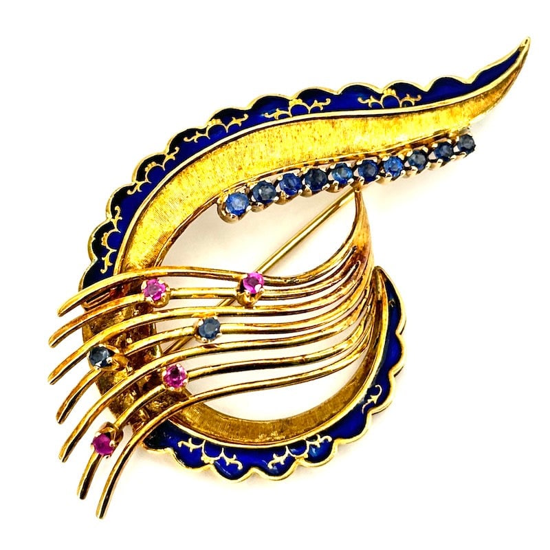 Vintage brooch, sapphires, rubies, blue enamel and yellow gold; 11.48 gr. (1 of 6)