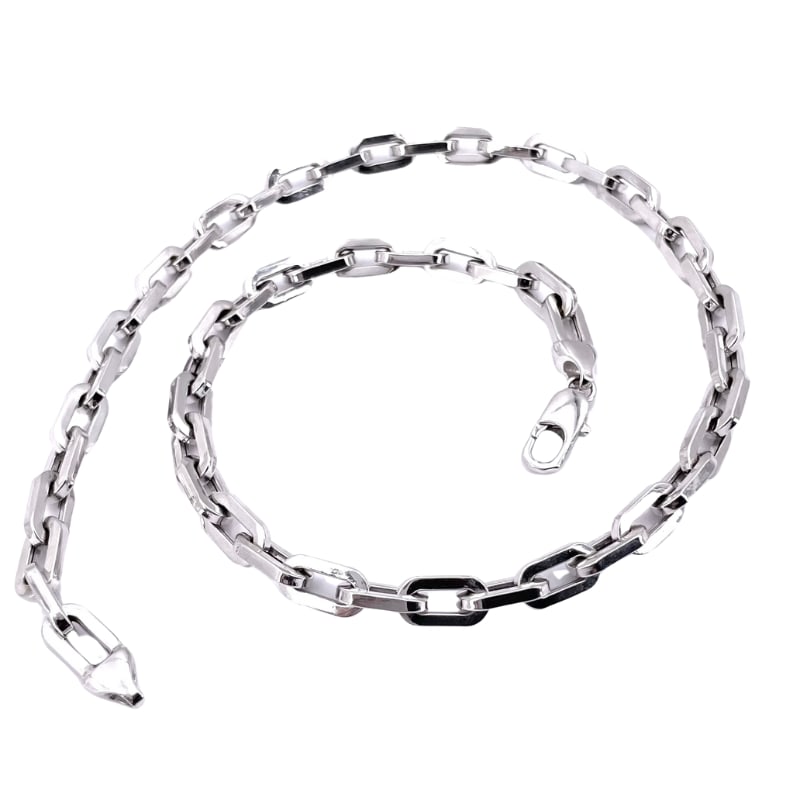 White gold maxi chain choker necklace; 23.9 gr; 43 cm: A very modern and versatile 18 kt white gold choker necklace, rectangular square link chain, for an essential, yet strong and characterful design. Our company's certification is available for free, up