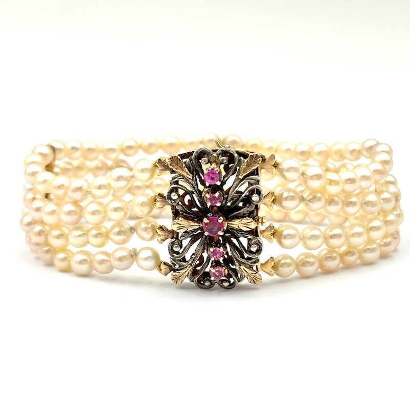 4-strand pearl bracelet with vintage ruby, gold and silver clasp; 19.5 cm - 30.01 gr. (1 of 7)