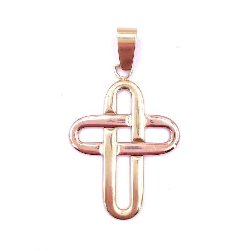 Yellow and rose gold cross pendant - 4.5 cm x 3.3 cm; 9.6 g.: Contemporary two-tone cross pendant occasion, in 18 kt yellow and rose gold. A clean, bold design for an imposing essentiality. Our company's certification is available for free, upon request. If you