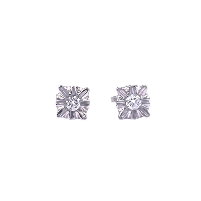 "Sly" gold and diamond 0.18 ct spotlight earrings; 2.51 g: Very cute so-called "cunning" spotlight earrings by virtue of the setting designed to create a larger size effect of the center stone. In 18 kt white gold, with 0.06 total brilliant-cut diamonds. Back