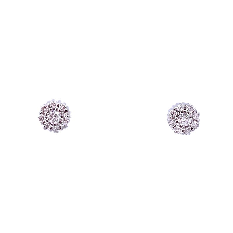 Dots light earrings circular daisies gold and diamonds 0.15 ct; 1.51 gr: Delightful circular daisy dot light earrings in 18 kt white gold with 0.15 ct total brilliant-cut diamonds of F color, VS clarity. Back with post and butterfly. A guarantee! Our company's