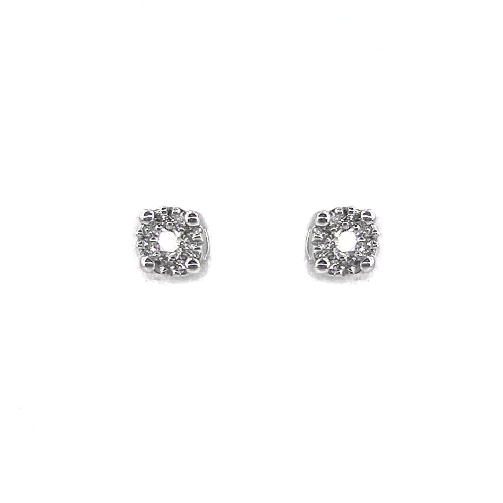 Dots light earrings circular daisies gold and diamonds 0.20 ct; 1.56 gr: Magnificent 18 kt white gold circular daisy dot light earrings with 0.10 ct central solitaire + 0.10 ct perimeter = 0.20 ct total brilliant-cut diamonds F color, VS clarity. Back with post and butterf