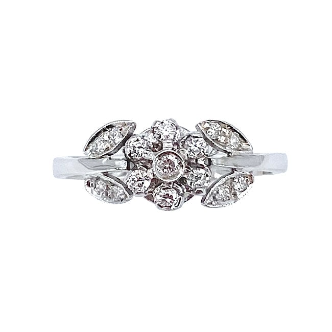 Diamond and gold flower ring - 0.25 ct; 2.55 gr.: A delight of central flower ring with side leaves in white gold and diamonds! Romantic and graceful! Our company's certification is available for free, upon request. If you wish to receive any other i