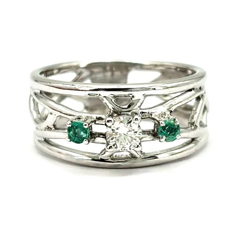 18K White Gold Openwork Band Ring, Emeralds 0.04-0.06 ct, Diamond 0.15-0.18 ct G-VS, 5.53g (1 of 5)